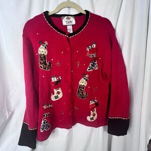 Tiara International Y2K Ugly Christmas Cardigan Red Animal Print Stocking Sz Med